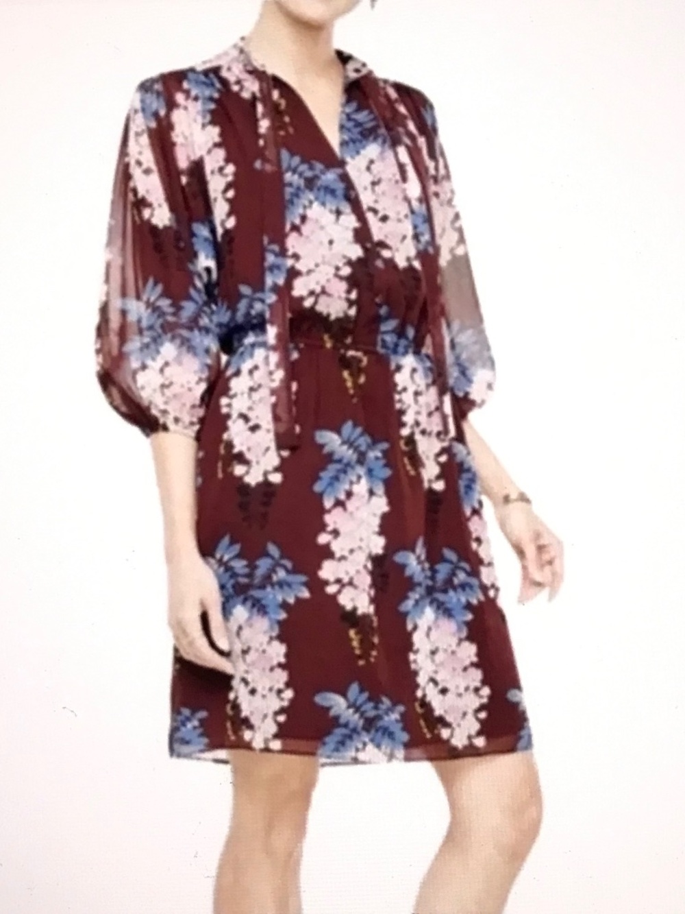 ANN TAYLOR Floral Blouson Sleeve Dress Burgundy Women’s Size Medium
